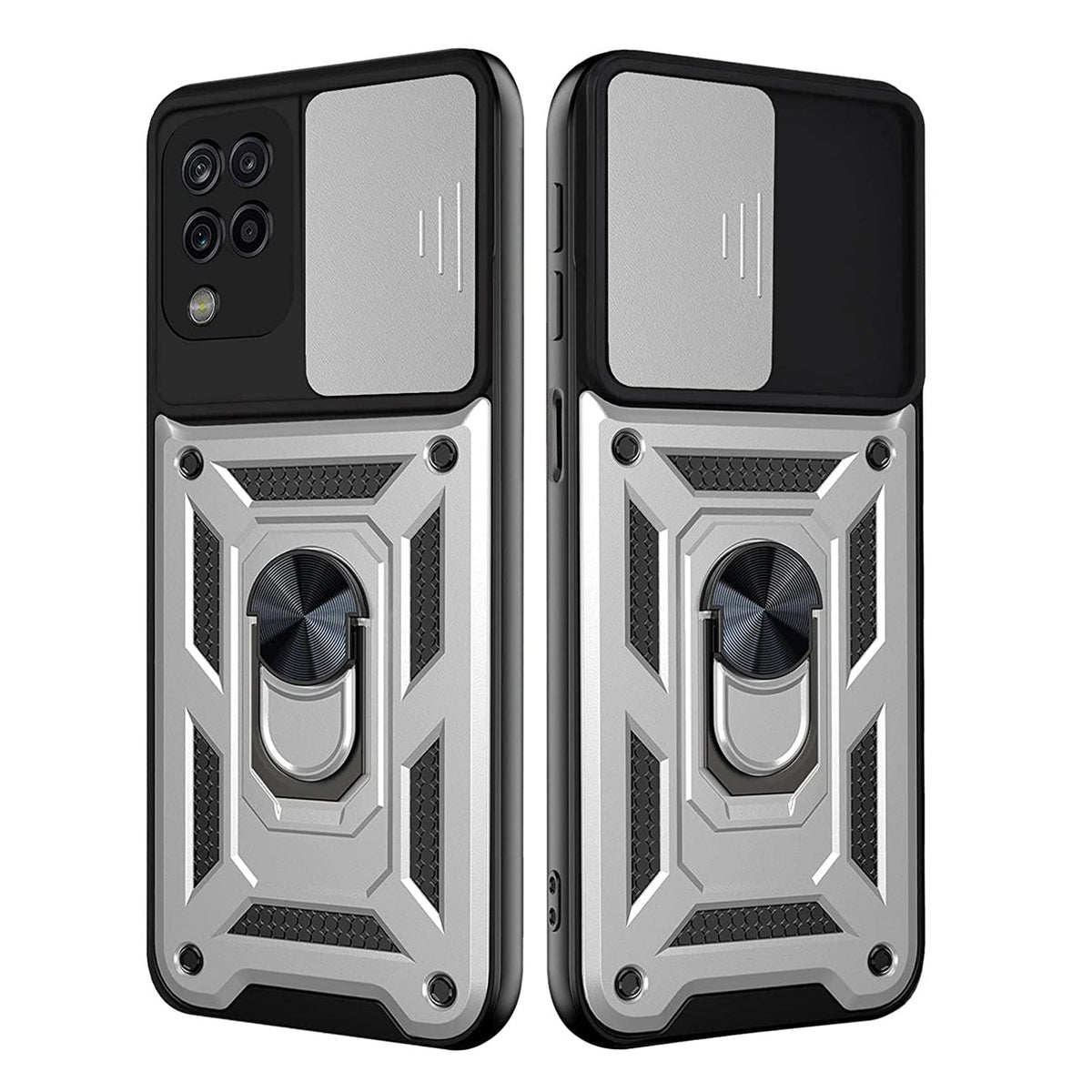 Kickstand Ring Holder with Slide Camera Cover TPU Shockproof Case and Magnetic Car Mount for SAMSUNG GALAXY A42 5G In Silver - Durable & Reliable