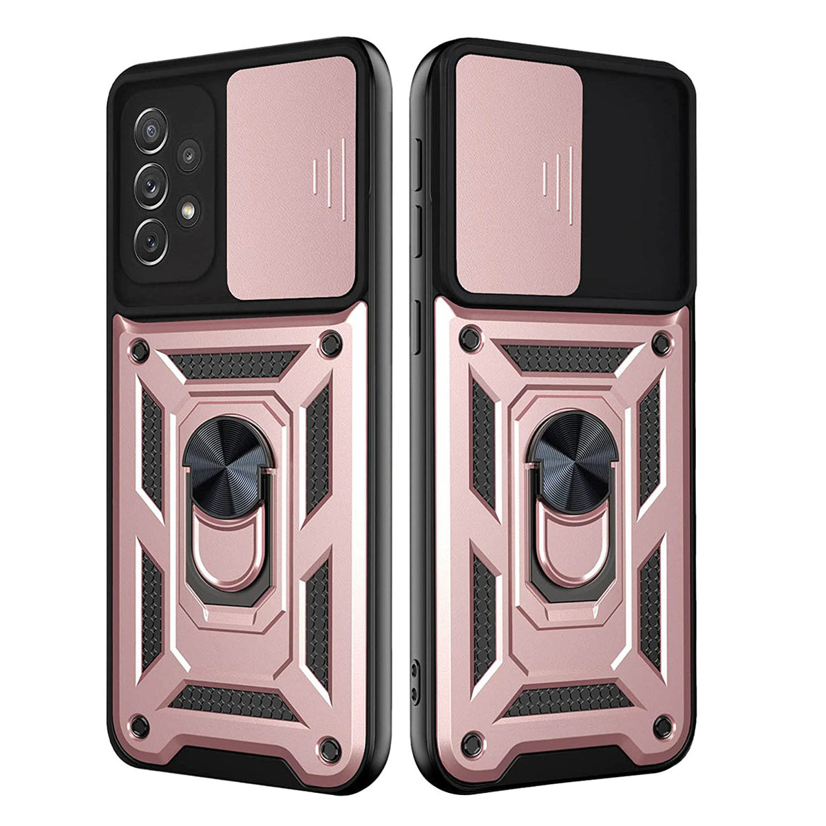 Kickstand Ring Holder with Slide Camera Cover TPU Shockproof Case and Magnetic Car Mount for SAMSUNG GALAXY A72 5G In Rose Gold - Crystal Clear & Reliable