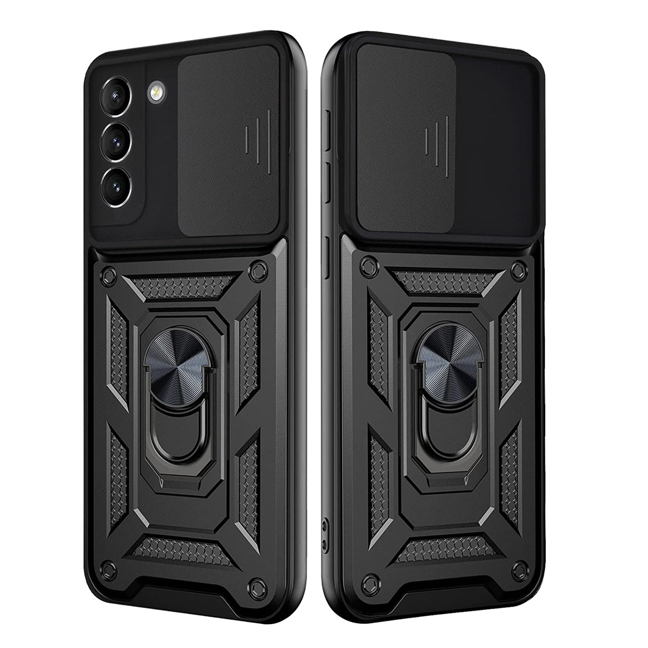 Kickstand Ring Holder with Slide Camera Cover TPU Shockproof Case and Magnetic Car Mount for SAMSUNG GALAXY S21 FE In Black - Shockproof & Reliable
