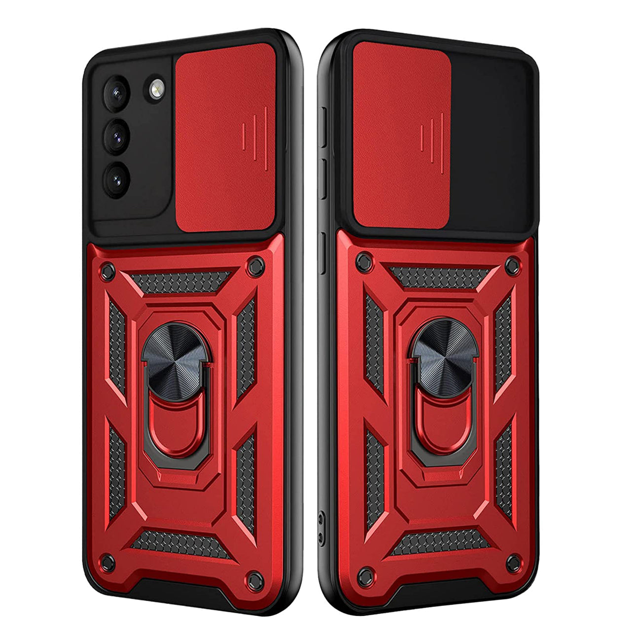 Kickstand Ring Holder with Slide Camera Cover TPU Shockproof Case and Magnetic Car Mount for SAMSUNG GALAXY S21/S30 In Red - Durable & Reliable
