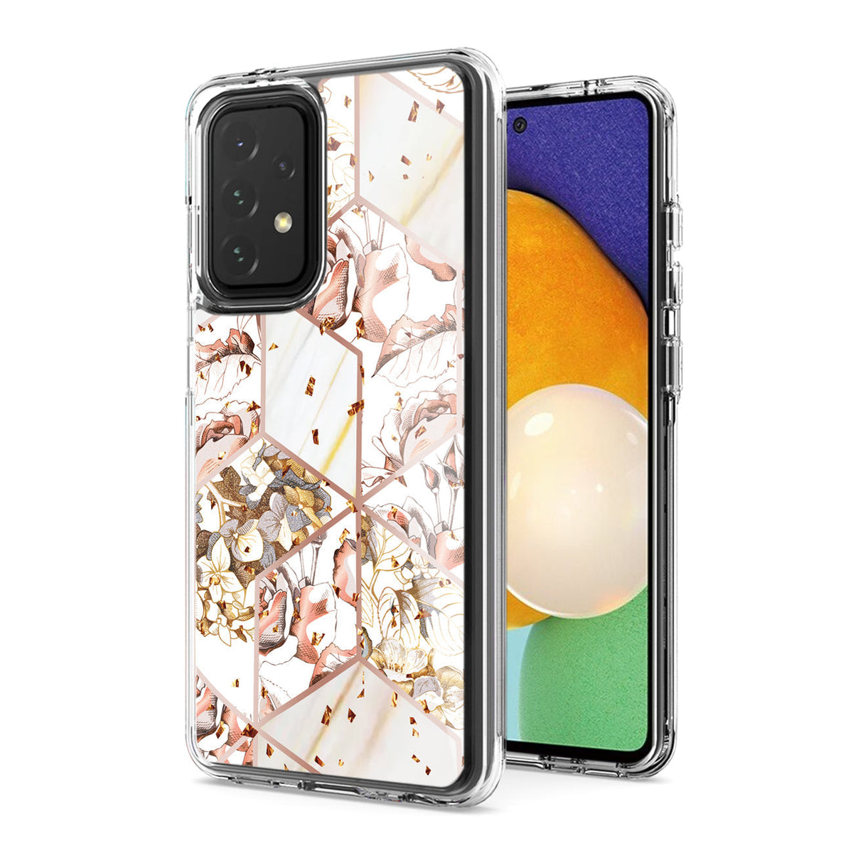 Flower Design Pattern Printing Dual Layer Hybrid Hard Plastic and Soft TPU Rubber Case Cover for SAMSUNG GALAXY A52 5G In White Base Flower - Durable & Reliable