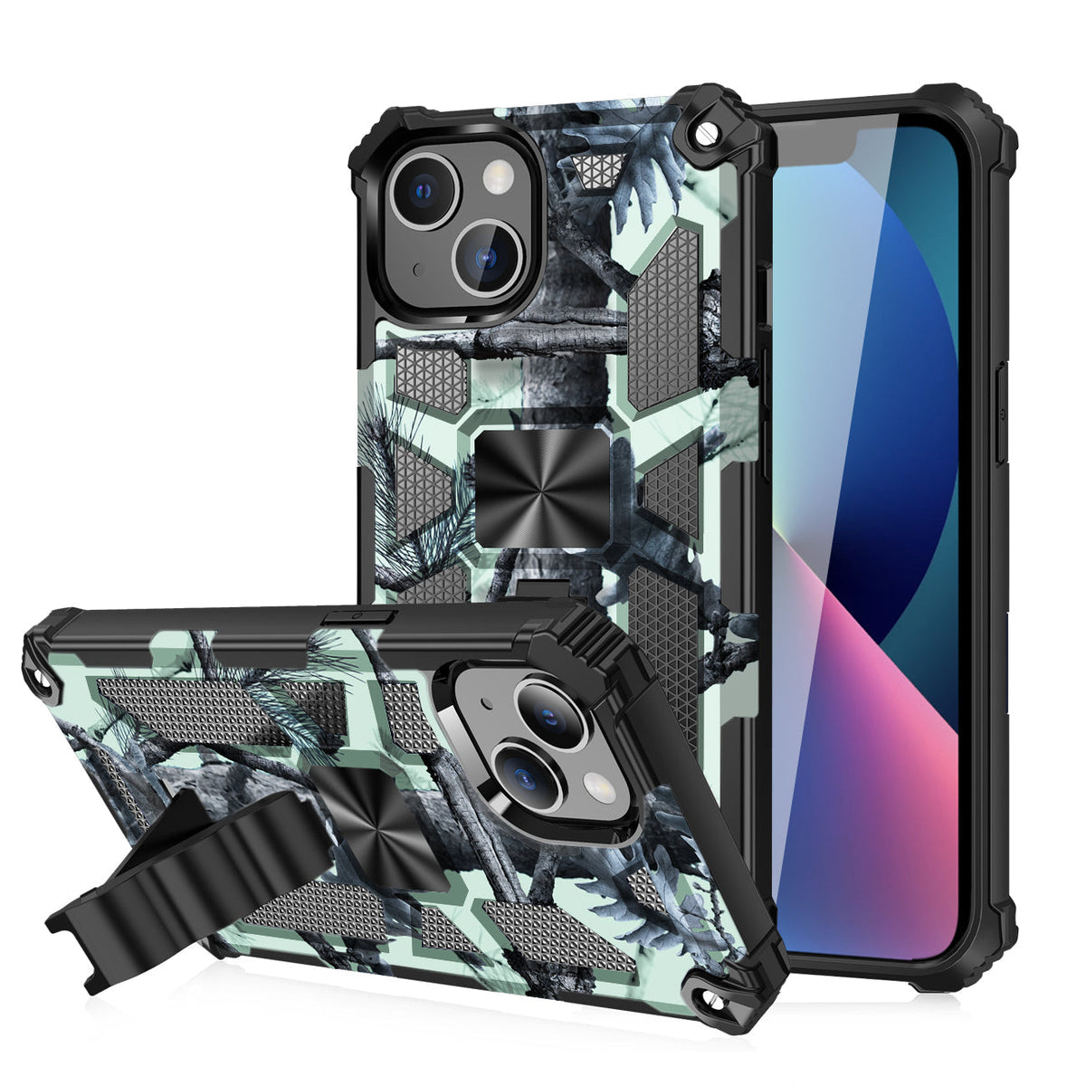 IPHONE 13 Compatible Built-in Kickstand TPU Case with Magnetic Mount for APPLE IPHONE 13 in Tree leaf patterns - Premium Protection by