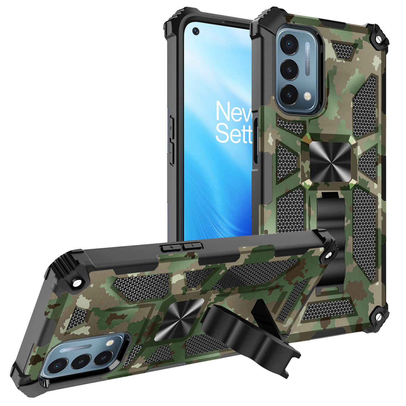 Built-in Kickstand TPU Case with Magnetic Mount for ONEPLUS NORD N200 5G in Camouflage - Crystal Clear & Reliable