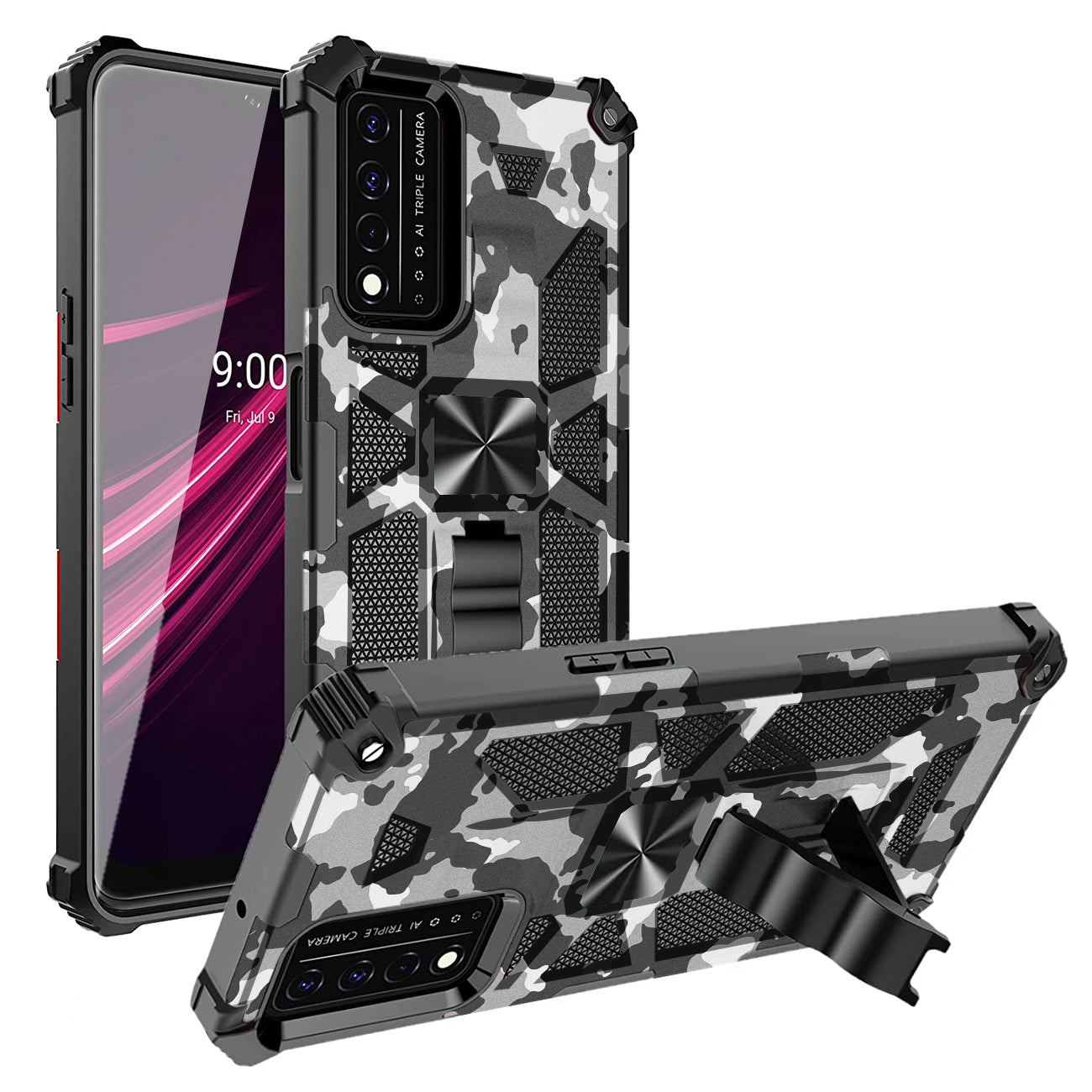 Built-in Kickstand TPU Case with Magnetic Mount for REVVL 5G in Camouflage - Crystal Clear & Reliable