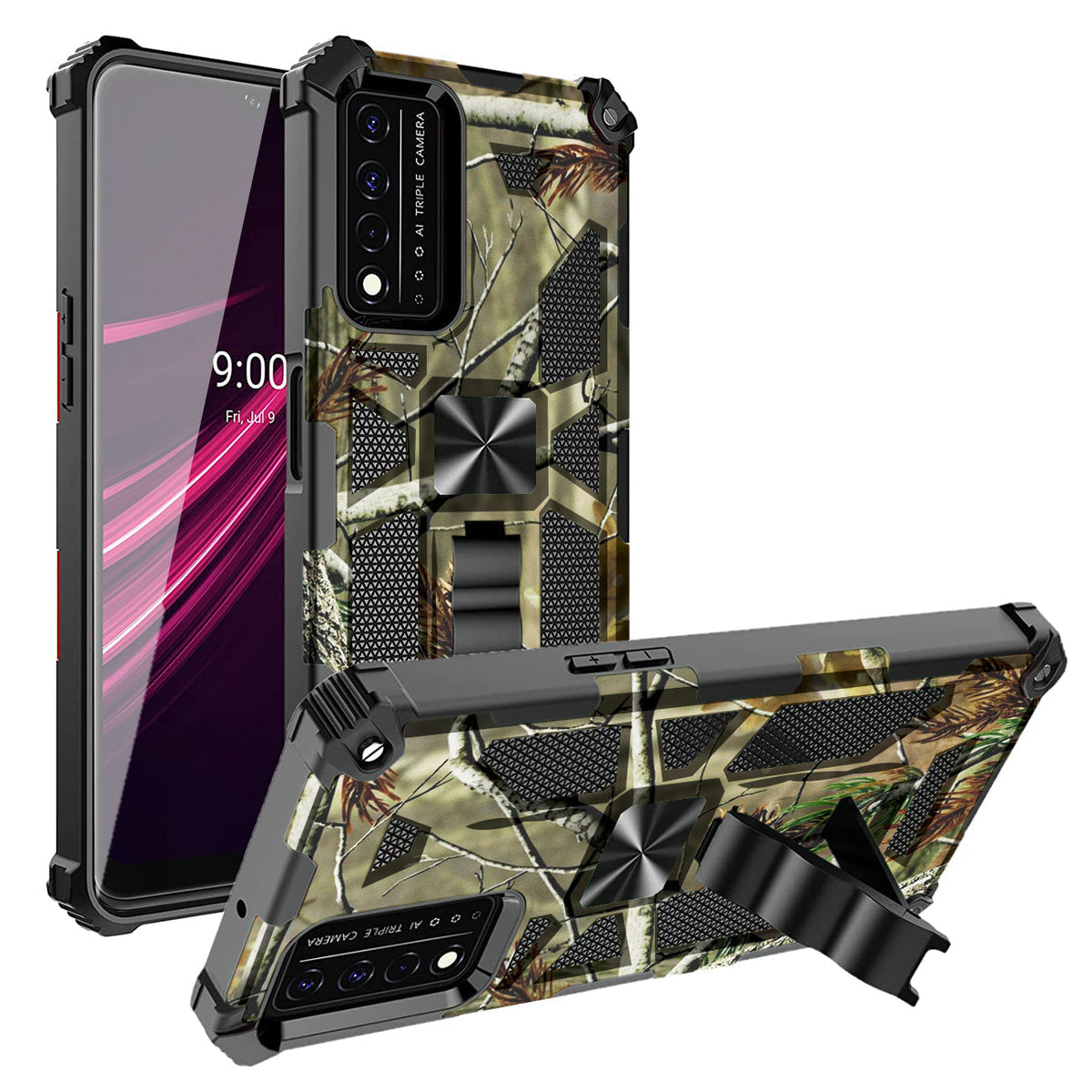Built-in Kickstand TPU Case with Magnetic Mount for REVVL 5G in Tree leaf patterns - Heavy Duty & Reliable