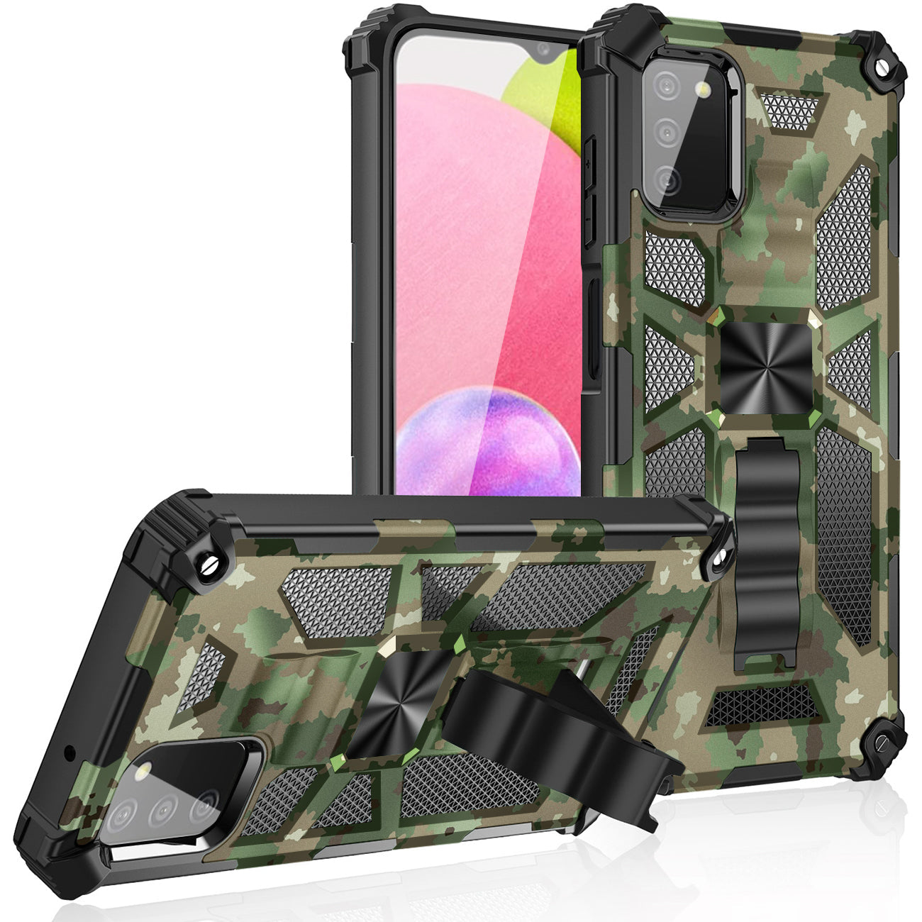 Built-in Kickstand TPU Case with Magnetic Mount for SAMSUNG GALAXY A02S in Camouflage - Heavy Duty & Reliable