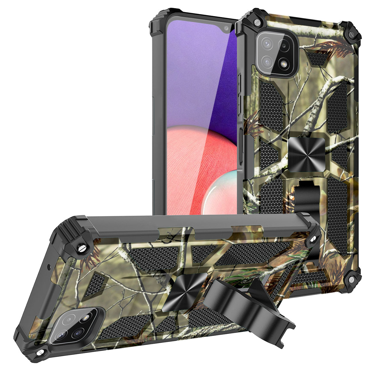 Built-in Kickstand TPU Case with Magnetic Mount for SAMSUNG GALAXY A22 5G in Tree leaf patterns - Heavy Duty & Reliable