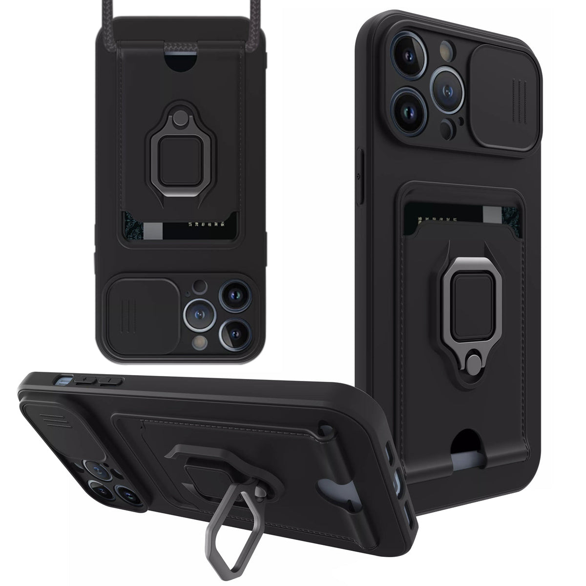 iPhone 12 Pro Compatible High Quality iPhone 12 Pro Case with Camera cover, Kickstand, Slide lens protection, Magnetic ring stand, Crossbody strap and Card holder In Black - Heavy Duty Protection by