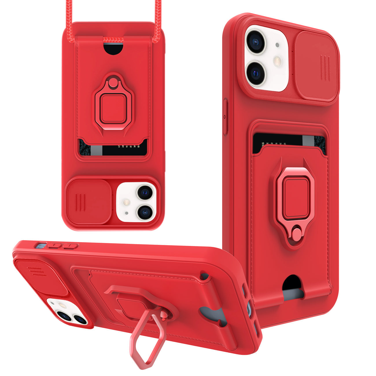 iPhone 12 Compatible High Quality iPhone 12 Case with Camera cover, Kickstand, Slide lens protection, Magnetic ring stand, Crossbody strap and Card holder In Red - Shockproof Protection by