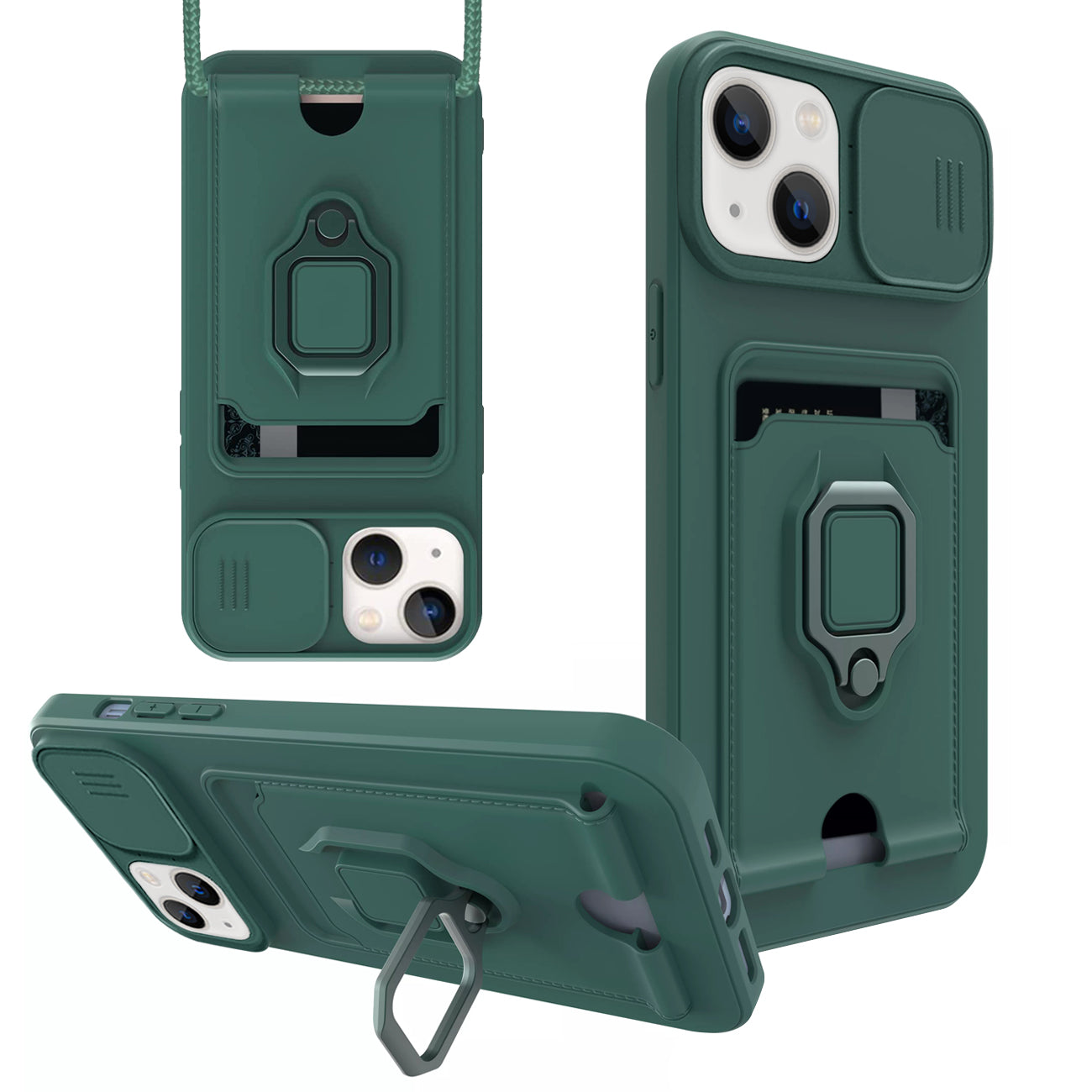 iPhone 13 Compatible High Quality iPhone 13 Case with Camera cover, Kickstand, Slide lens protection, Magnetic ring stand, Crossbody strap and Card holder In Green - Shockproof Protection by