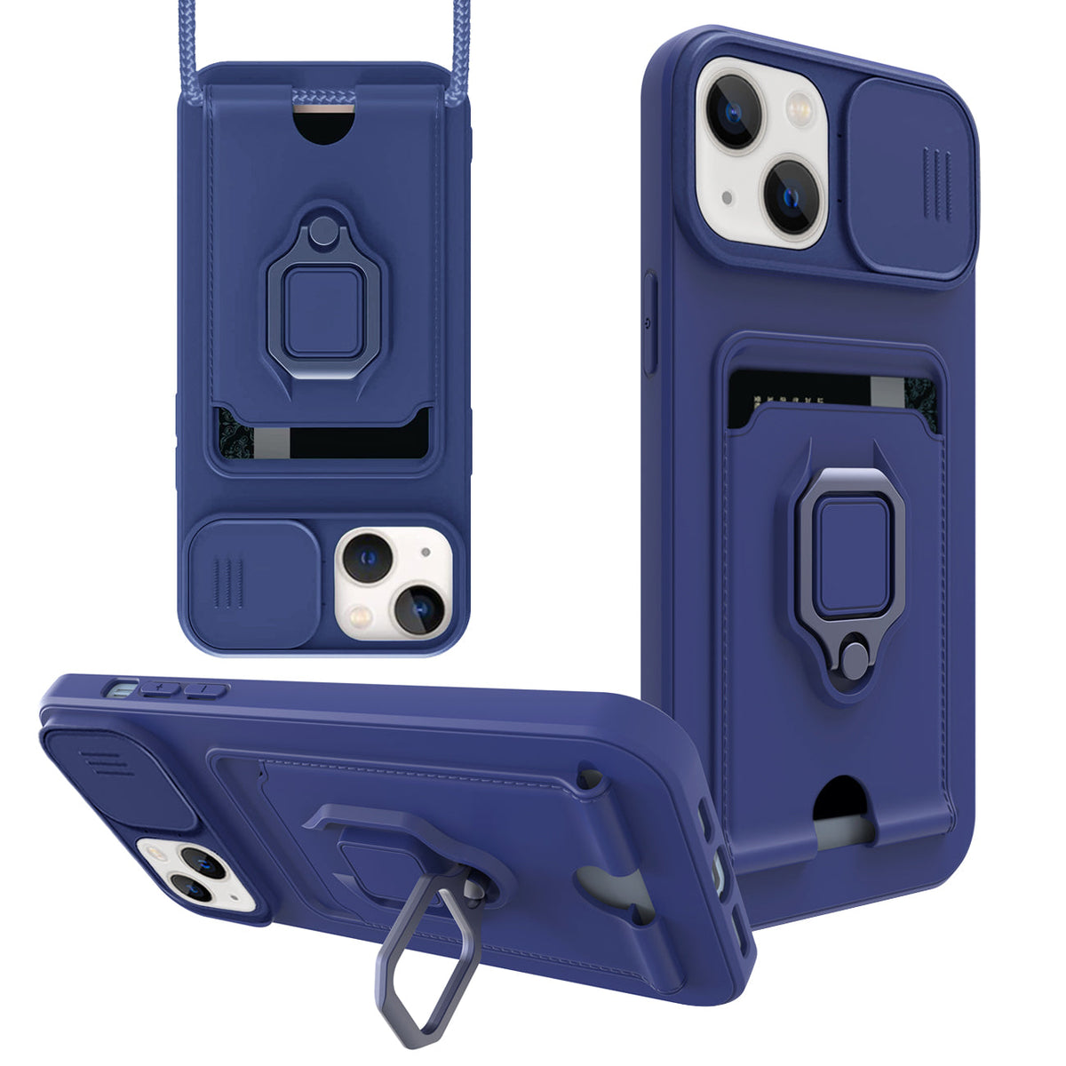 iPhone 13 Compatible High Quality iPhone 13 Case with Camera cover, Kickstand, Slide lens protection, Magnetic ring stand, Crossbody strap and Card holder In Navy - Heavy Duty Protection by