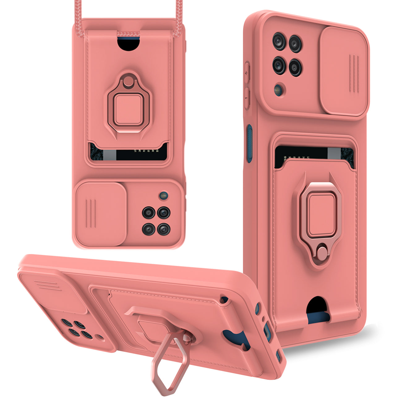 High Quality Samsung 12 5G Case with Camera cover, Kickstand, Slide lens protection, Magnetic ring stand, Crossbody strap and Card holder In Pink - Ultra-Slim & Reliable