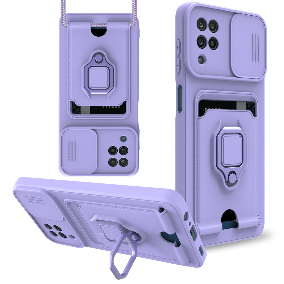High Quality Samsung 12 5G Case with Camera cover, Kickstand, Slide lens protection, Magnetic ring stand, Crossbody strap and Card holder In Purple - Ultra-Slim & Reliable