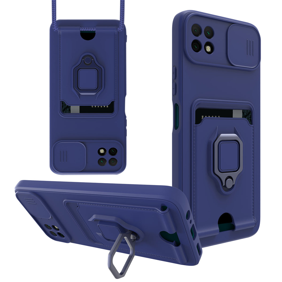 High Quality Samsung 22 5G Case with Camera cover, Kickstand, Slide lens protection, Magnetic ring stand, Crossbody strap and Card holder In Navy - Durable & Reliable