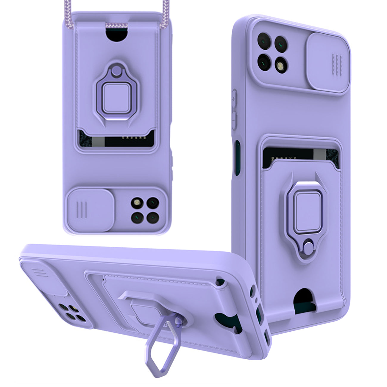 High Quality Samsung 22 5G Case with Camera cover, Kickstand, Slide lens protection, Magnetic ring stand, Crossbody strap and Card holder In Purple - Shockproof & Reliable