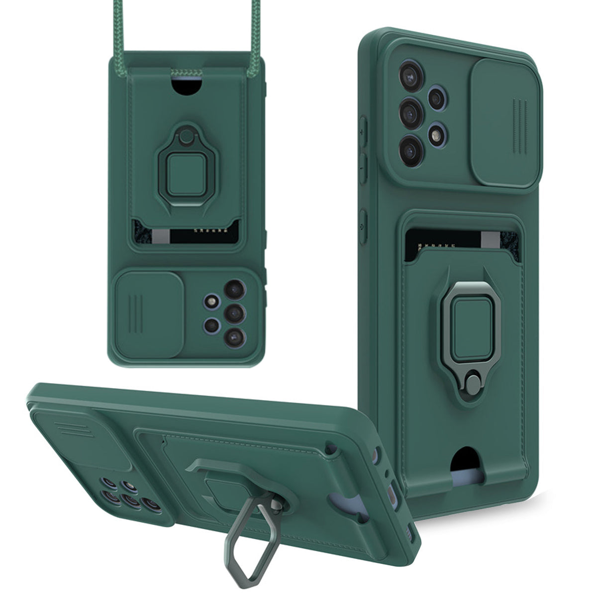 High Quality Samsung 32 5G Case with Camera cover, Kickstand, Slide lens protection, Magnetic ring stand, Crossbody strap and Card holder In Green - Shockproof & Reliable