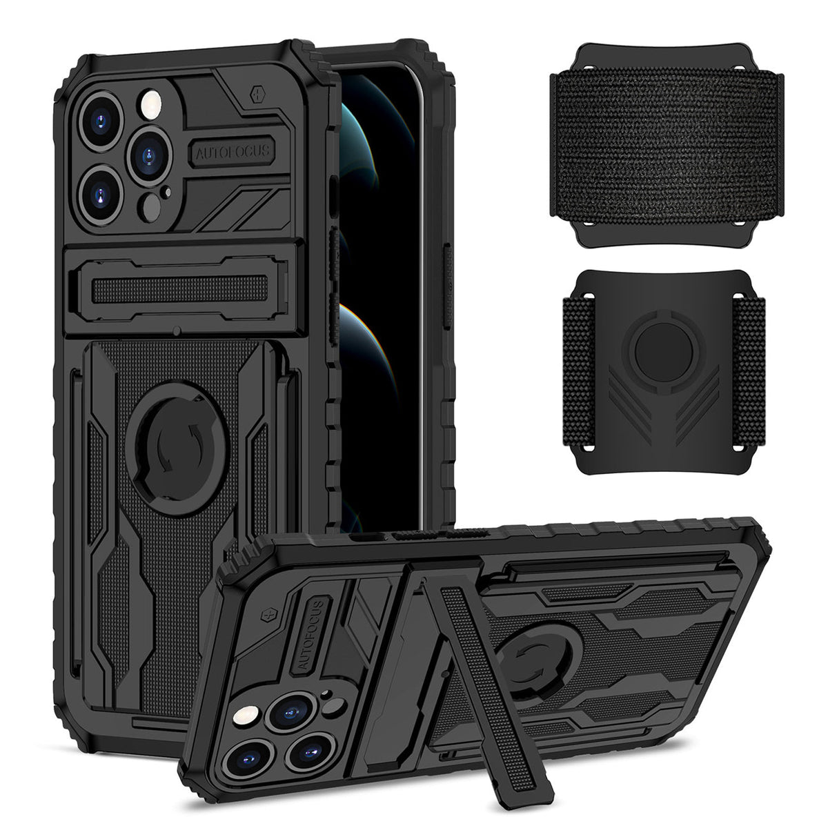 iPhone 12 Max Compatible High Elastic Plastic iPhone 12 Max Case with Kickstand, Sports Mobile Wristband and Card Slot In Black - Durable Protection by