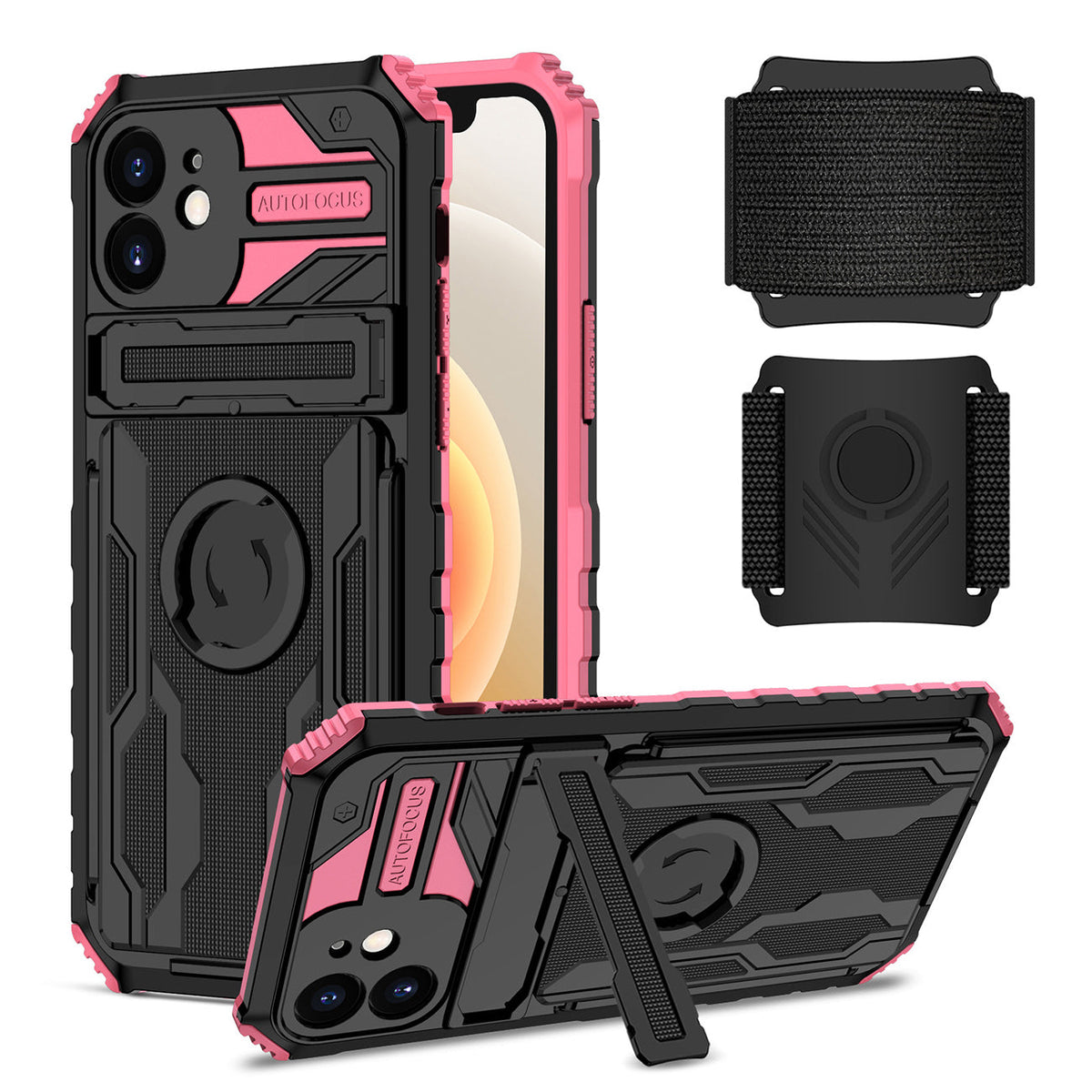 iPhone 12 Compatible High Elastic Plastic iPhone 12 Case with Kickstand, Sports Mobile Wristband and Card Slot In Pink - Durable Protection by