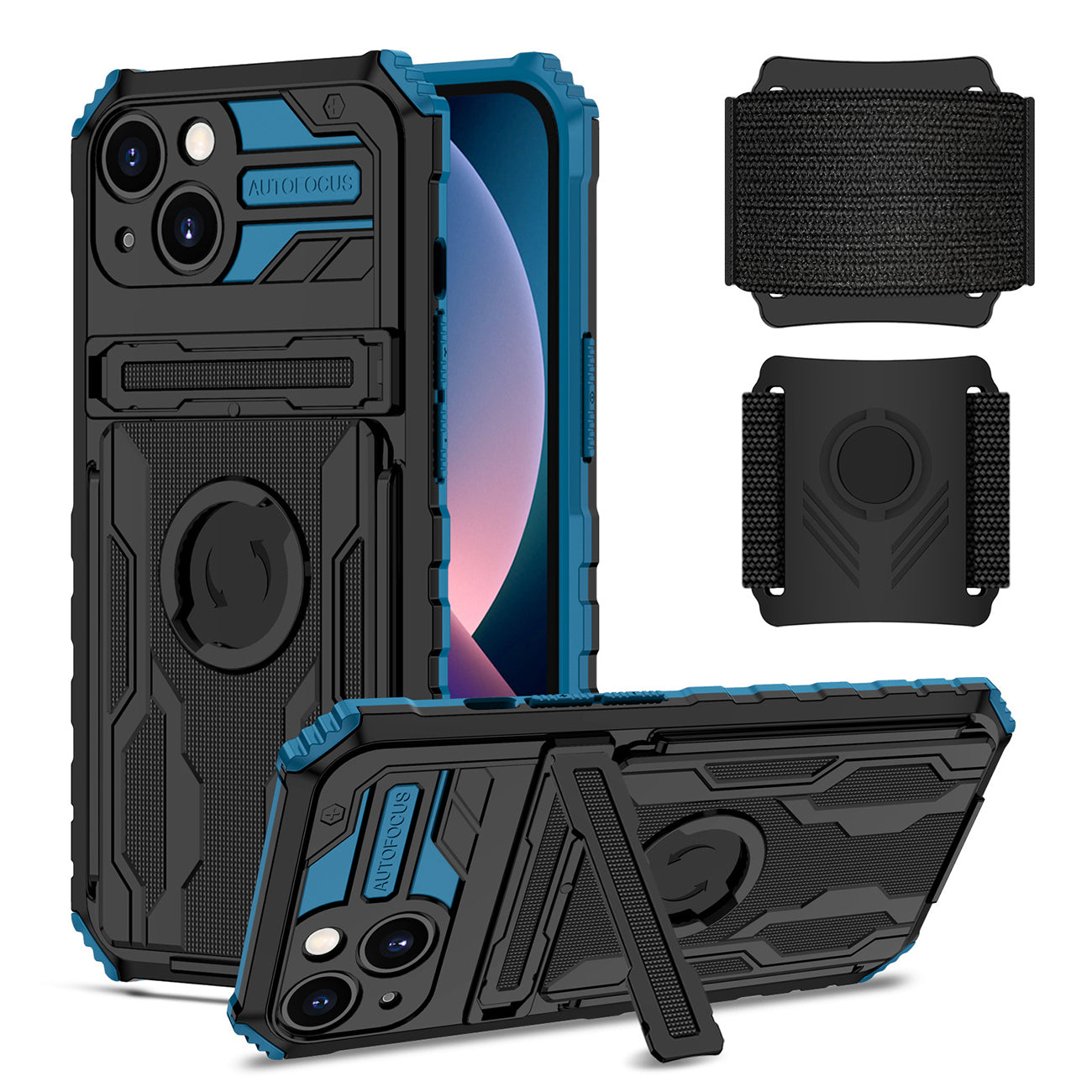 iPhone 13 Compatible High Elastic Plastic iPhone 13 Case with Kickstand, Sports Mobile Wristband and Card Slot In Blue - Heavy Duty Protection by