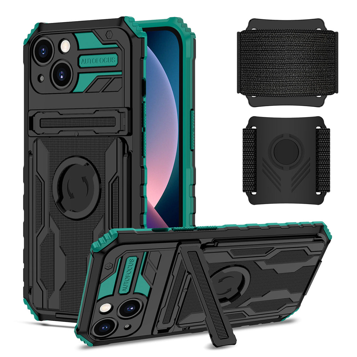 iPhone 13 Compatible High Elastic Plastic iPhone 13 Case with Kickstand, Sports Mobile Wristband and Card Slot In Green - Ultra-Slim Protection by