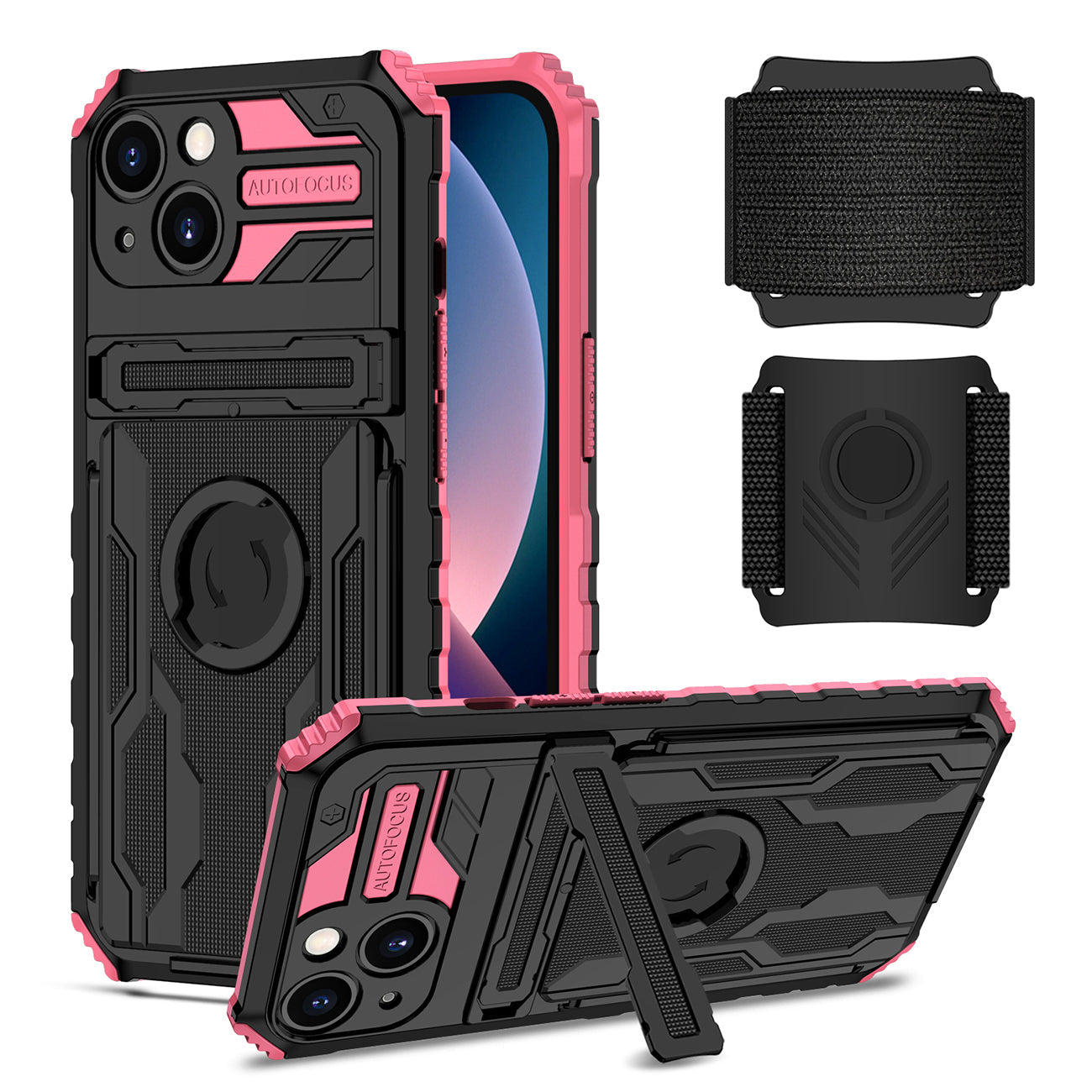 iPhone 13 Compatible High Elastic Plastic iPhone 13 Case with Kickstand, Sports Mobile Wristband and Card Slot In Pink - Premium Protection by
