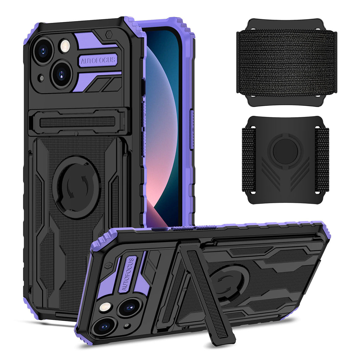 iPhone 13 Compatible High Elastic Plastic iPhone 13 Case with Kickstand, Sports Mobile Wristband and Card Slot In Purple - Premium Protection by