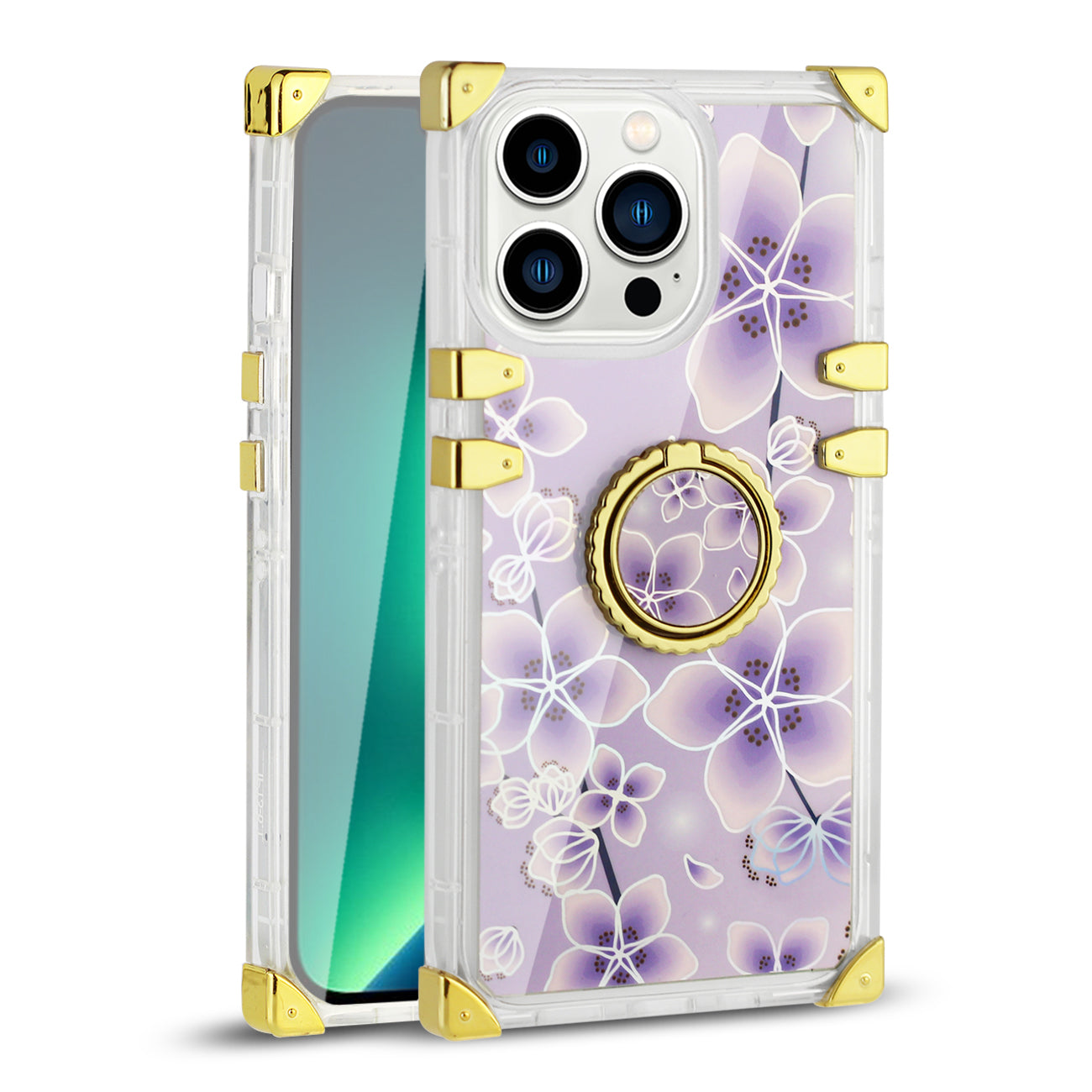 IPHONE 13 Pro Floral Print Case with Ring Holder In Purple - Heavy Duty & Reliable