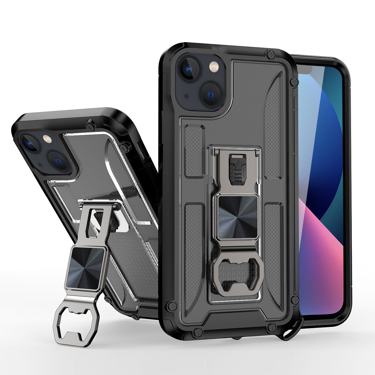 IPHONE 13 Compatible Kickstand Ring Holder/Bottle Opener Case with Magnetic Car Mount for APPLE IPHONE 13 In Black - Durable Protection by
