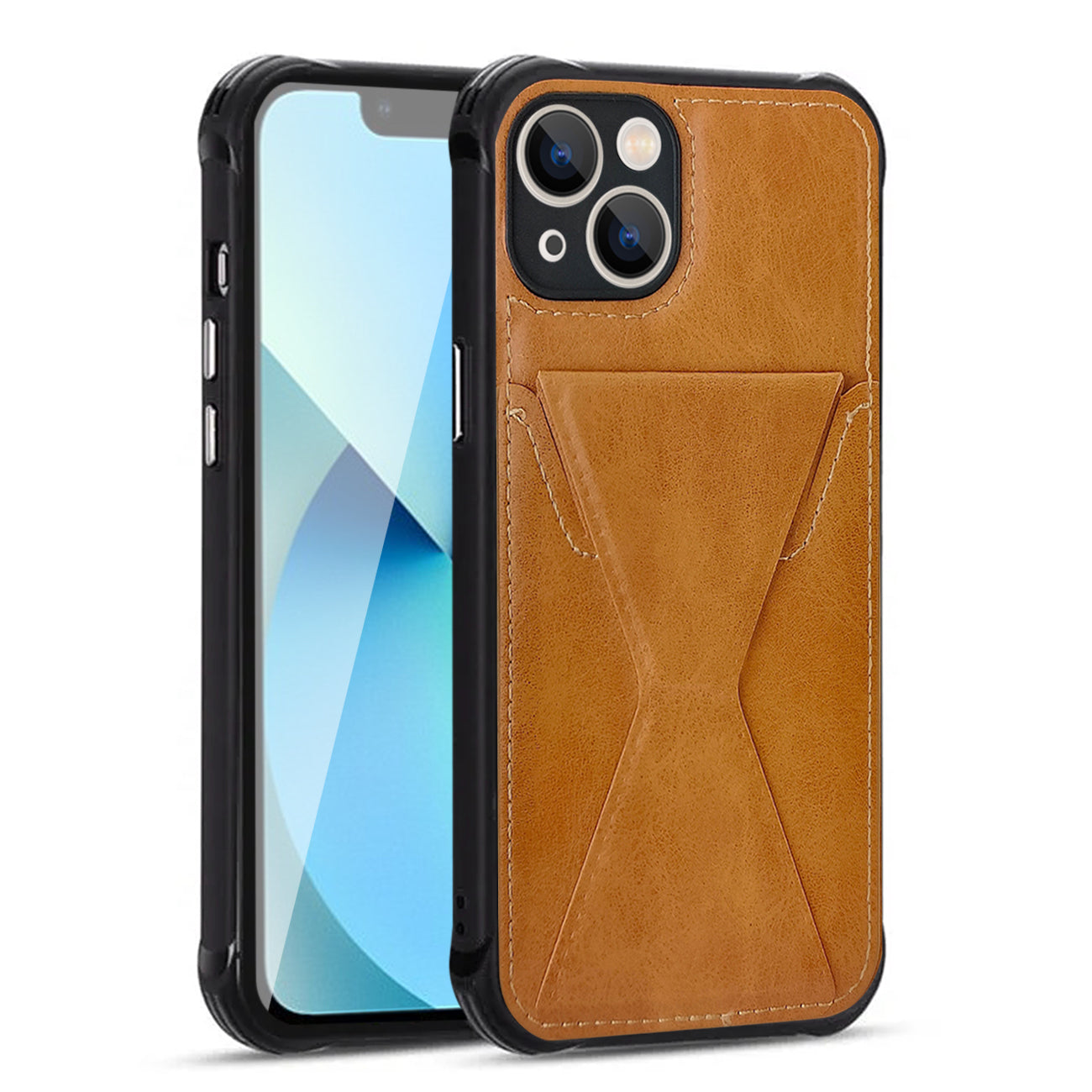iPhone 13 Compatible TPU Leather Phone Case for Apple iPhone 13 with Card Holder Strap In Brown - Heavy Duty Protection by