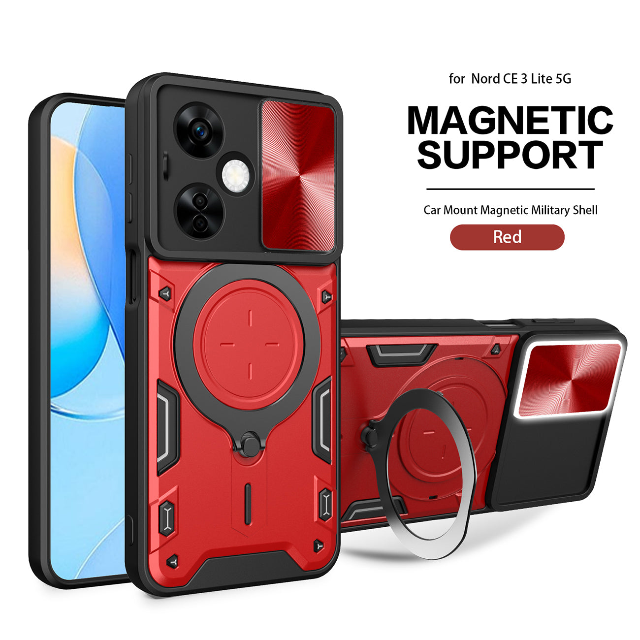 TPU PC Shockproof Magnetic Phone Case with Free Adjustment Ring Holder For ONEPLUS NORD N30 5G in Red - Heavy Duty & Reliable