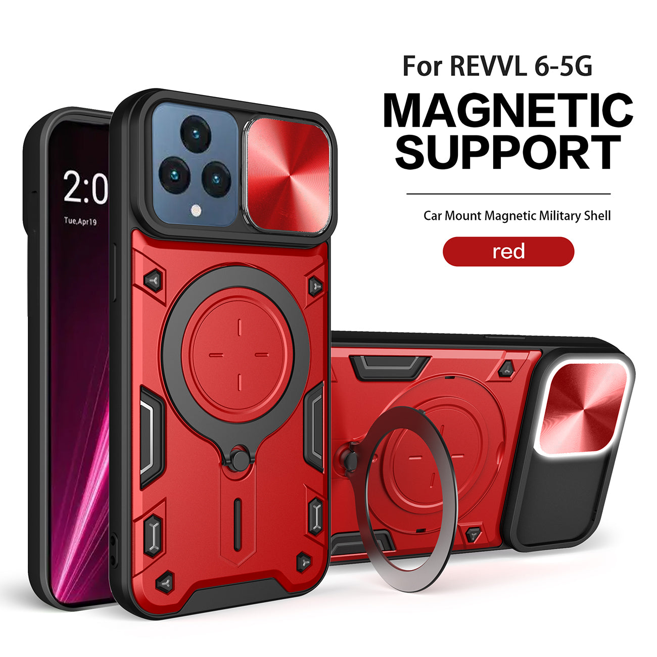TPU PC Shockproof Magnetic Phone Case with Free Adjustment Ring Holder for REVVL 6 5G in Red - Crystal Clear & Reliable