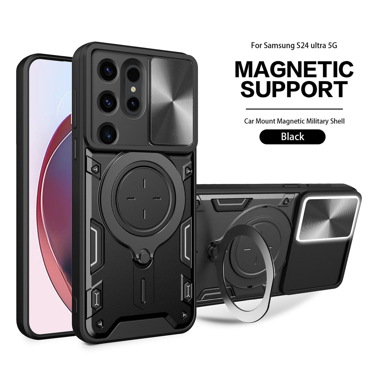 TPU PC Shockproof Magnetic Phone Case with Free Adjustment Ring Holder For Samsung Galaxy S24 Ultra in Black - Heavy Duty & Reliable