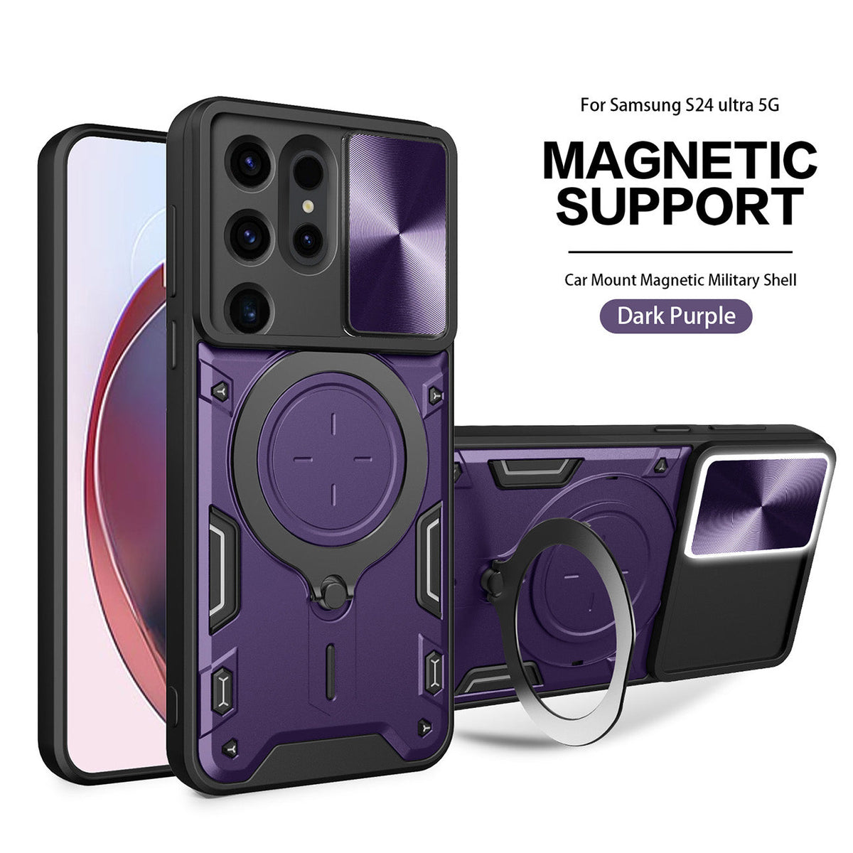 TPU PC Shockproof Magnetic Phone Case with Free Adjustment Ring Holder For Samsung Galaxy S24 Ultra in Purple - Shockproof & Reliable