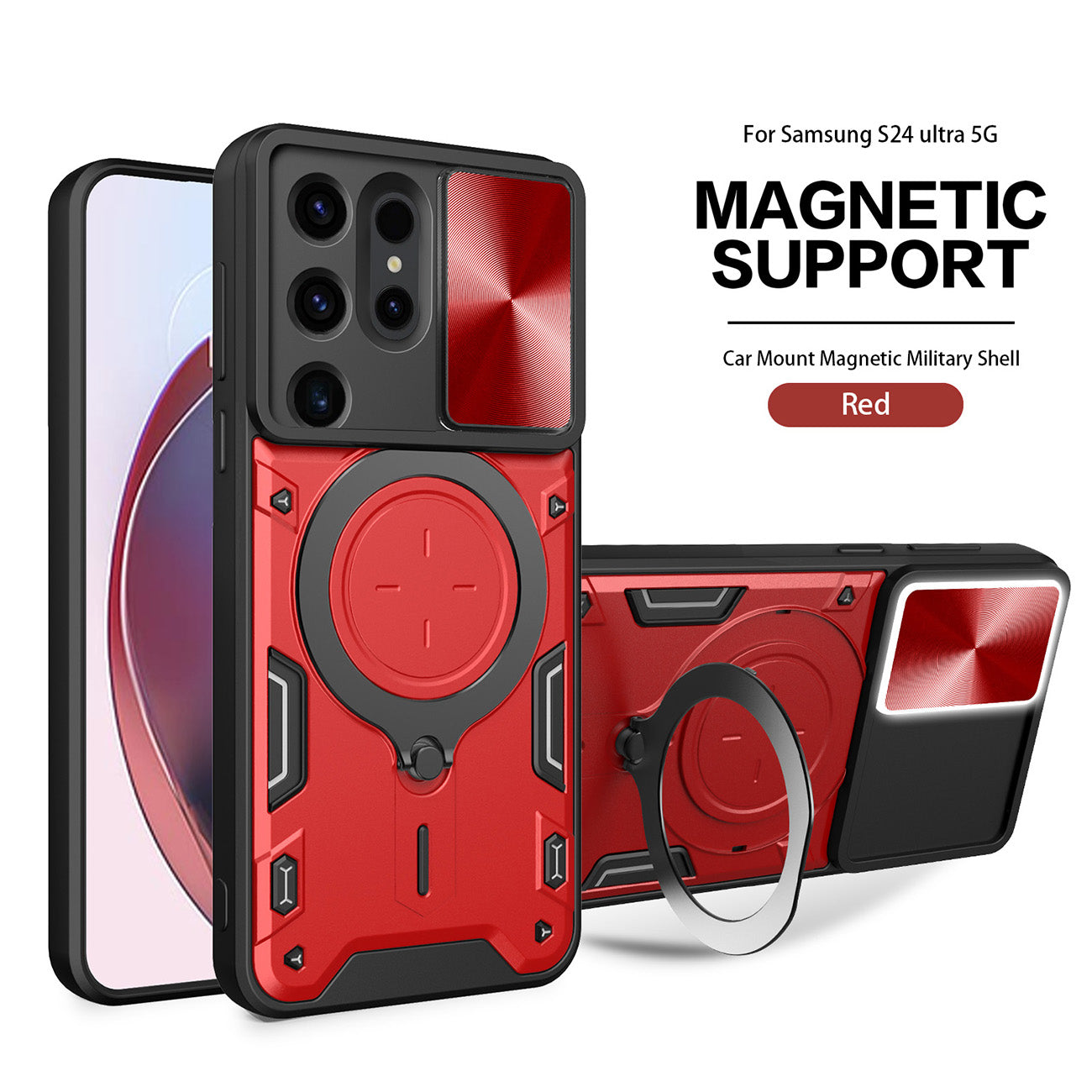 TPU PC Shockproof Magnetic Phone Case with Free Adjustment Ring Holder For Samsung Galaxy S24 Ultra in Red - Heavy Duty & Reliable
