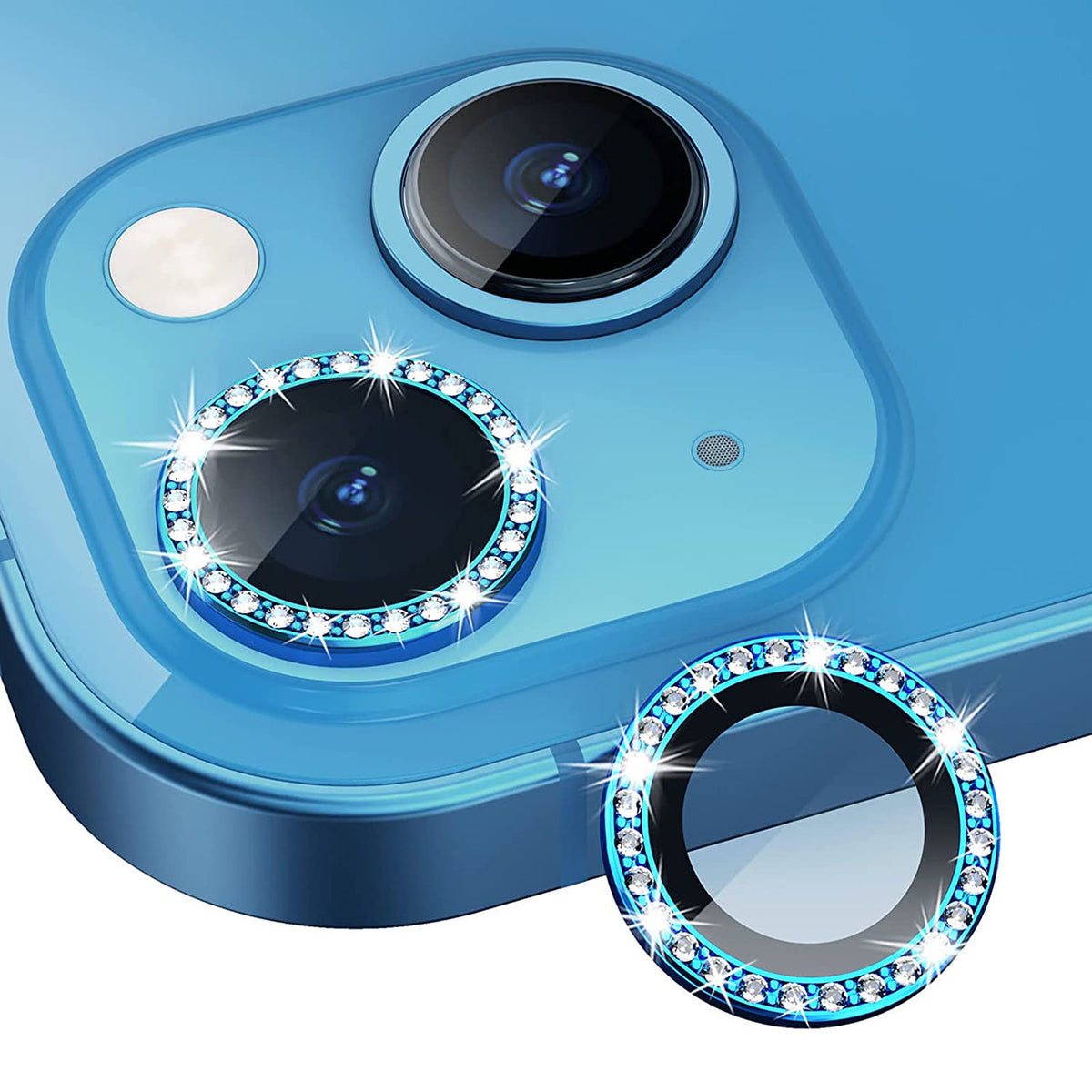 iPhone 14 Compatible Diamond Camera Lens Protector, Diamond Tempered Glass Camera Cover Screen Protector for iPhone 14 / iPhone 14 Plus In Blue - Ultra-Slim Protection by