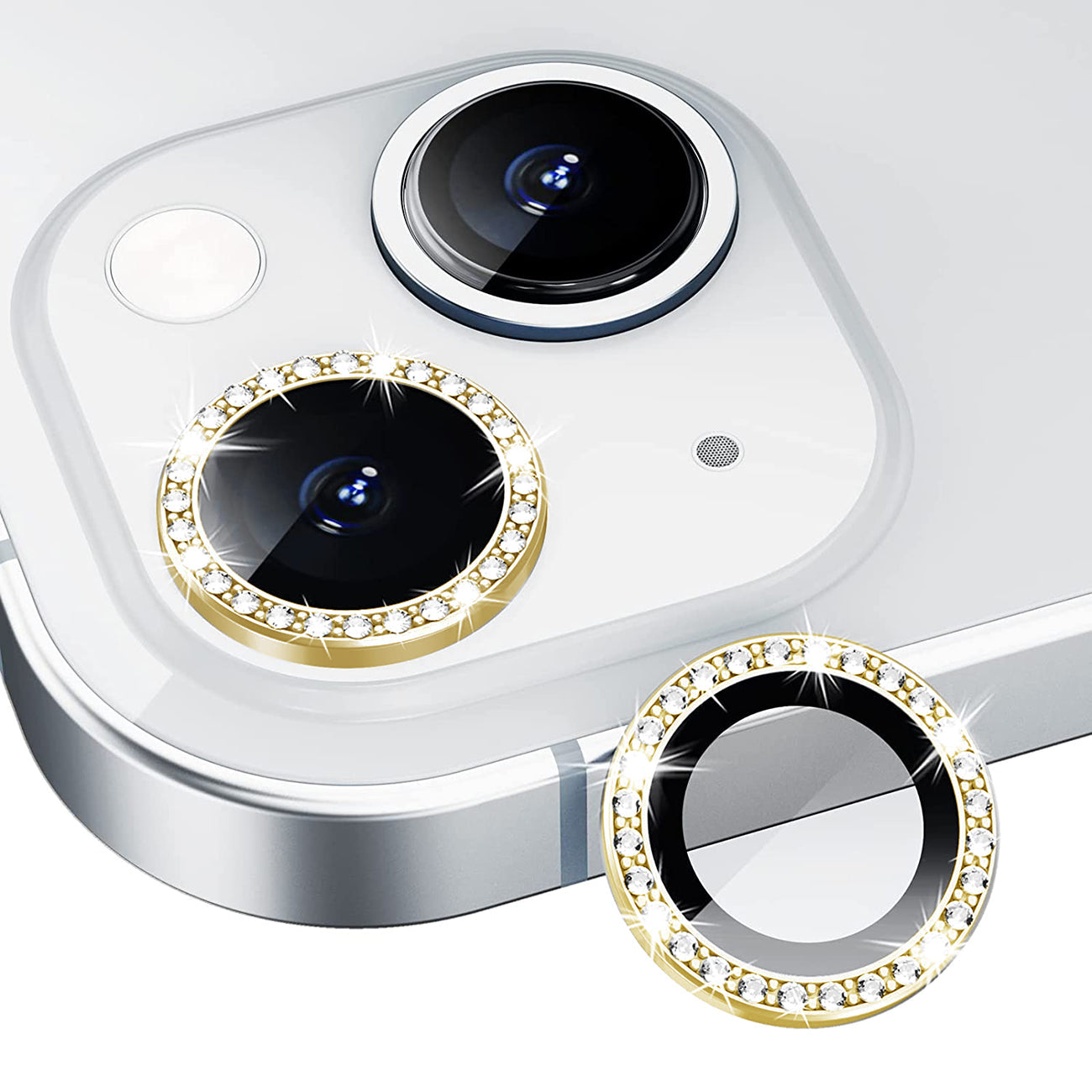 iPhone 14 Compatible Diamond Camera Lens Protector, Diamond Tempered Glass Camera Cover Screen Protector for iPhone 14 / iPhone 14 Plus In Gold - Heavy Duty Protection by