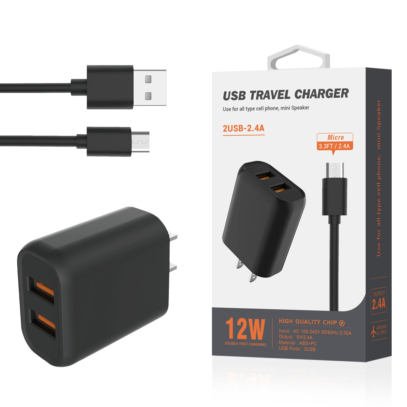 Micro Portable Travel Home Charger With Built In 5 Ft Cable In Black - Heavy Duty & Reliable