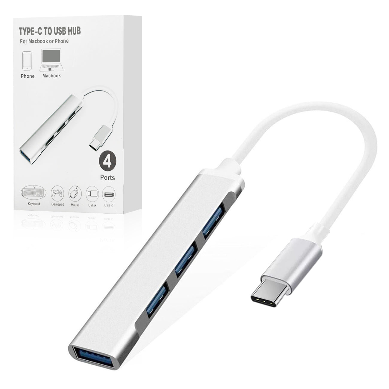 4-Port Type-C to USB Hub in Silver - Ultra-Slim & Reliable