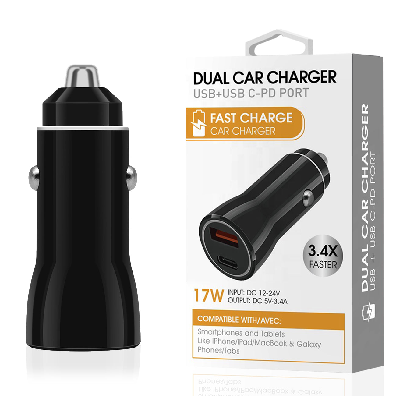 USB & USB-C PD port Dual Car charger In Black - Crystal Clear & Reliable