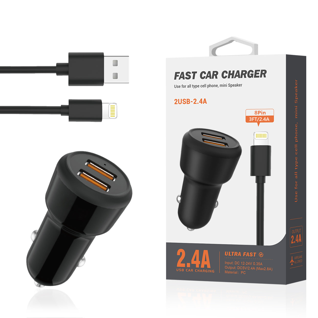8 PIN Portable Car Charger With Built In 3 Ft Cable In Black - Durable & Reliable