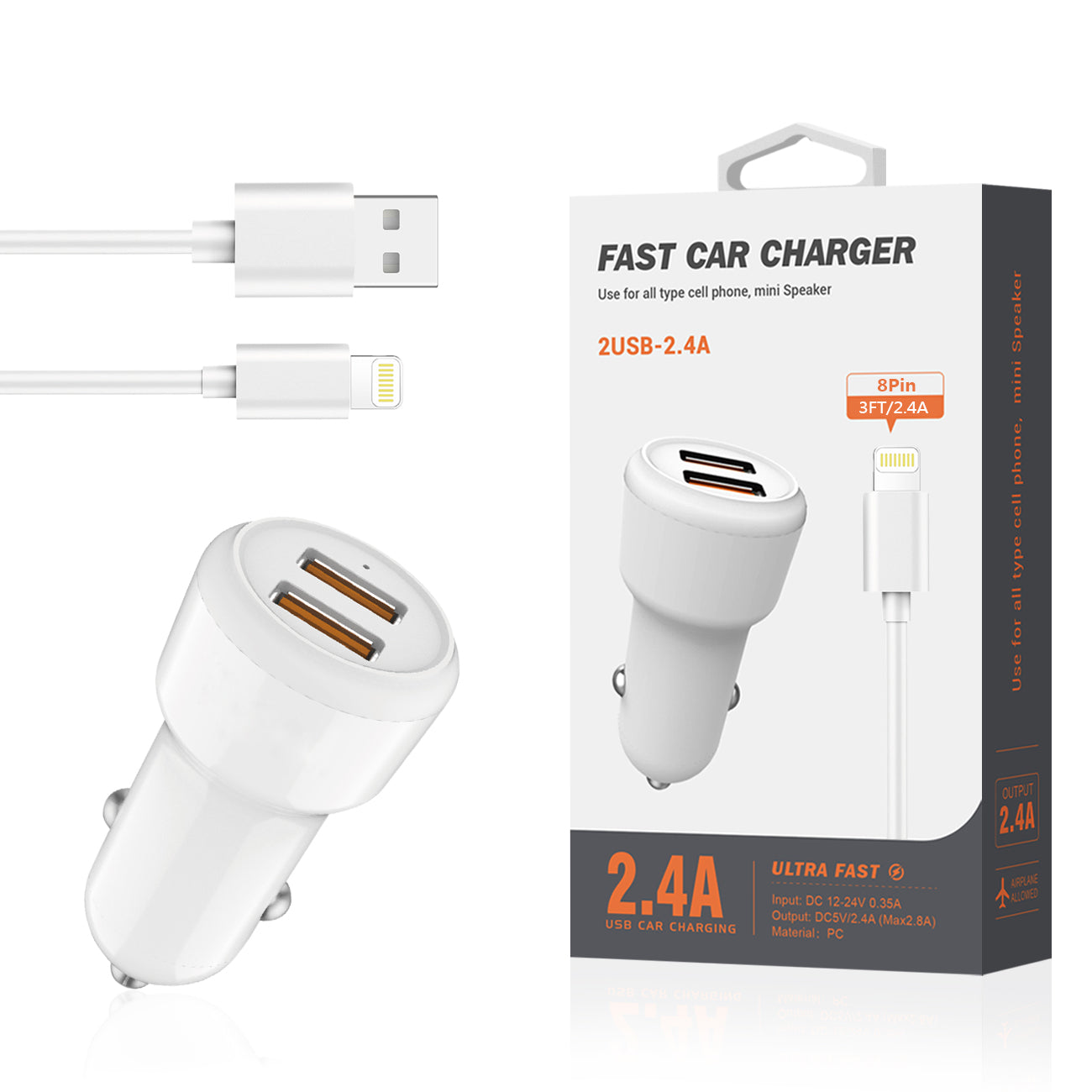 8 PIN Portable Car Charger With Built In 3 Ft Cable In White - Heavy Duty & Reliable