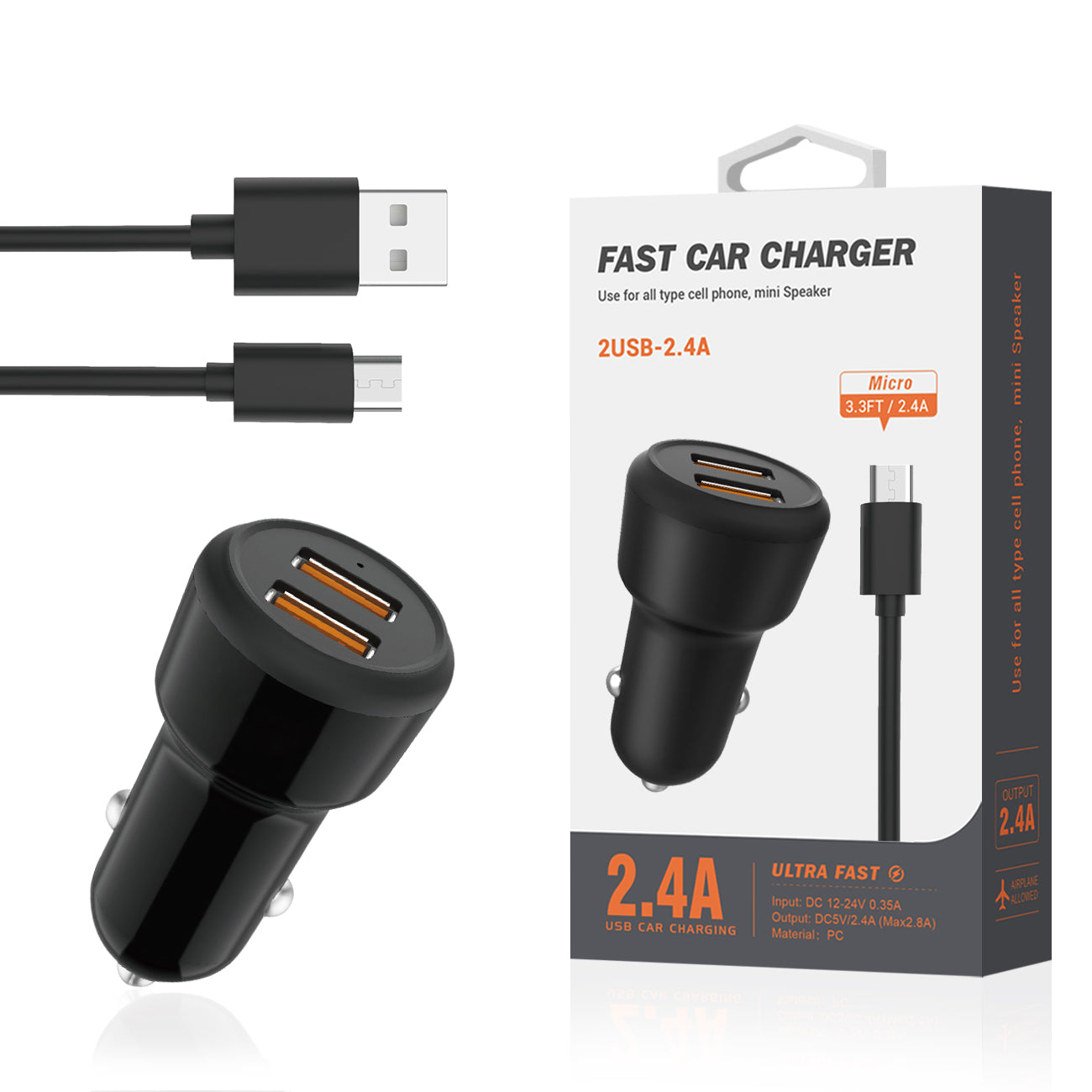 Micro Portable Car Charger With Built In 3 Ft Cable In Black - Crystal Clear & Reliable