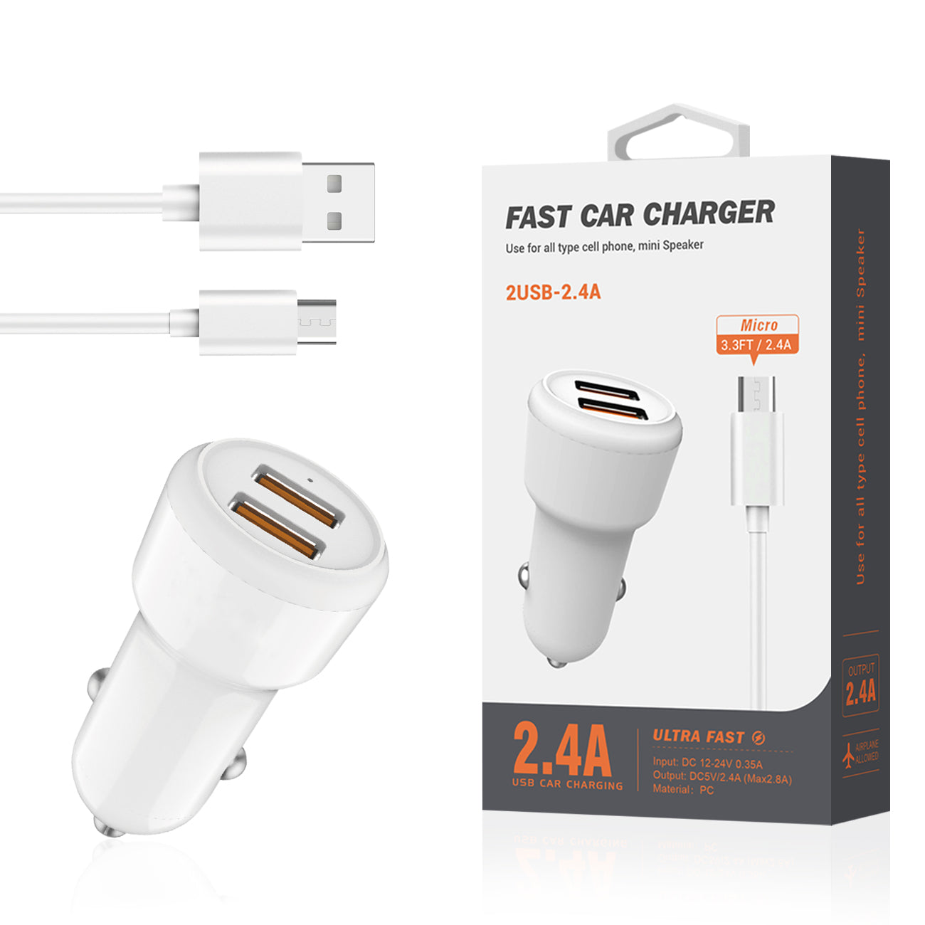 Micro Portable Car Charger With Built In 3 Ft Cable In White - Premium & Reliable