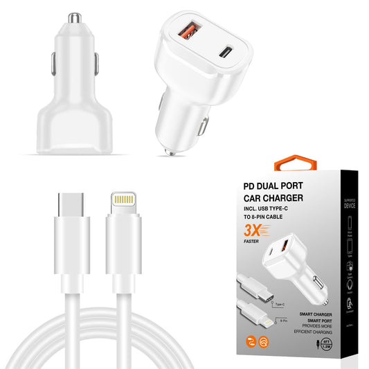 36W PD Dual Ports Travel Car Charger Adapter Fast Charging with USB-C To 8 Pin Cable - Durable & Reliable
