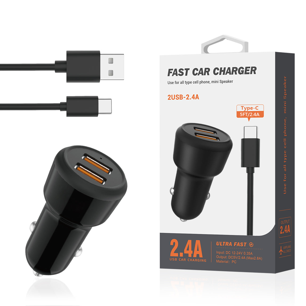 Typec Portable Car Charger With Built In 3 Ft Cable In Black - Crystal Clear & Reliable