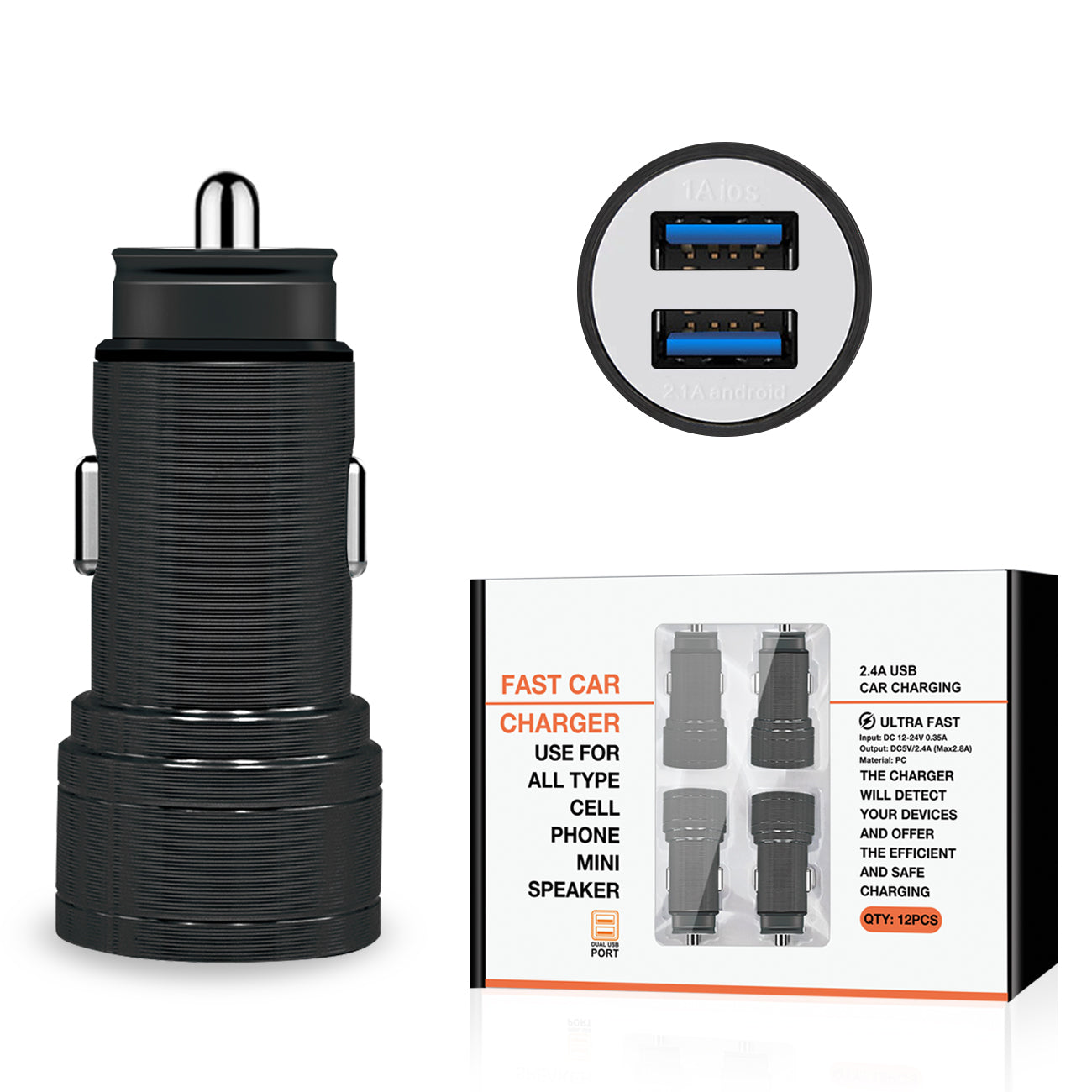 Dual Port USB Car Charger/ Adapter In Black (12pcs) - Ultra-Slim & Reliable