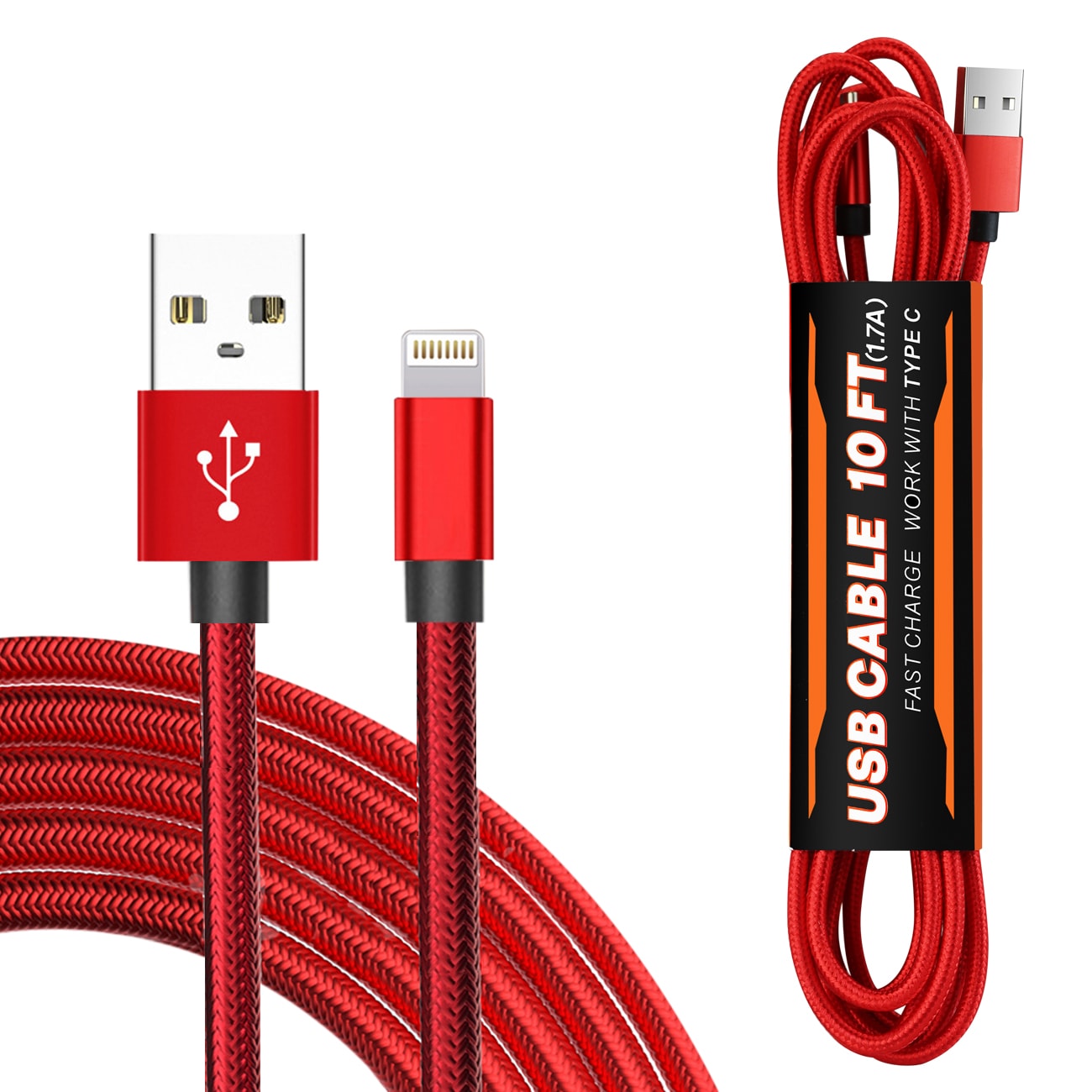 10FT USB Cable For IOS In Red - Ultra-Slim & Reliable