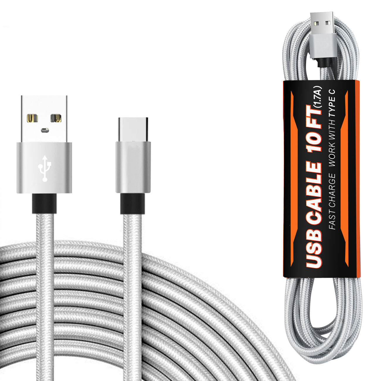 10FT USB Cable For TYPE-C In Silver - Durable & Reliable