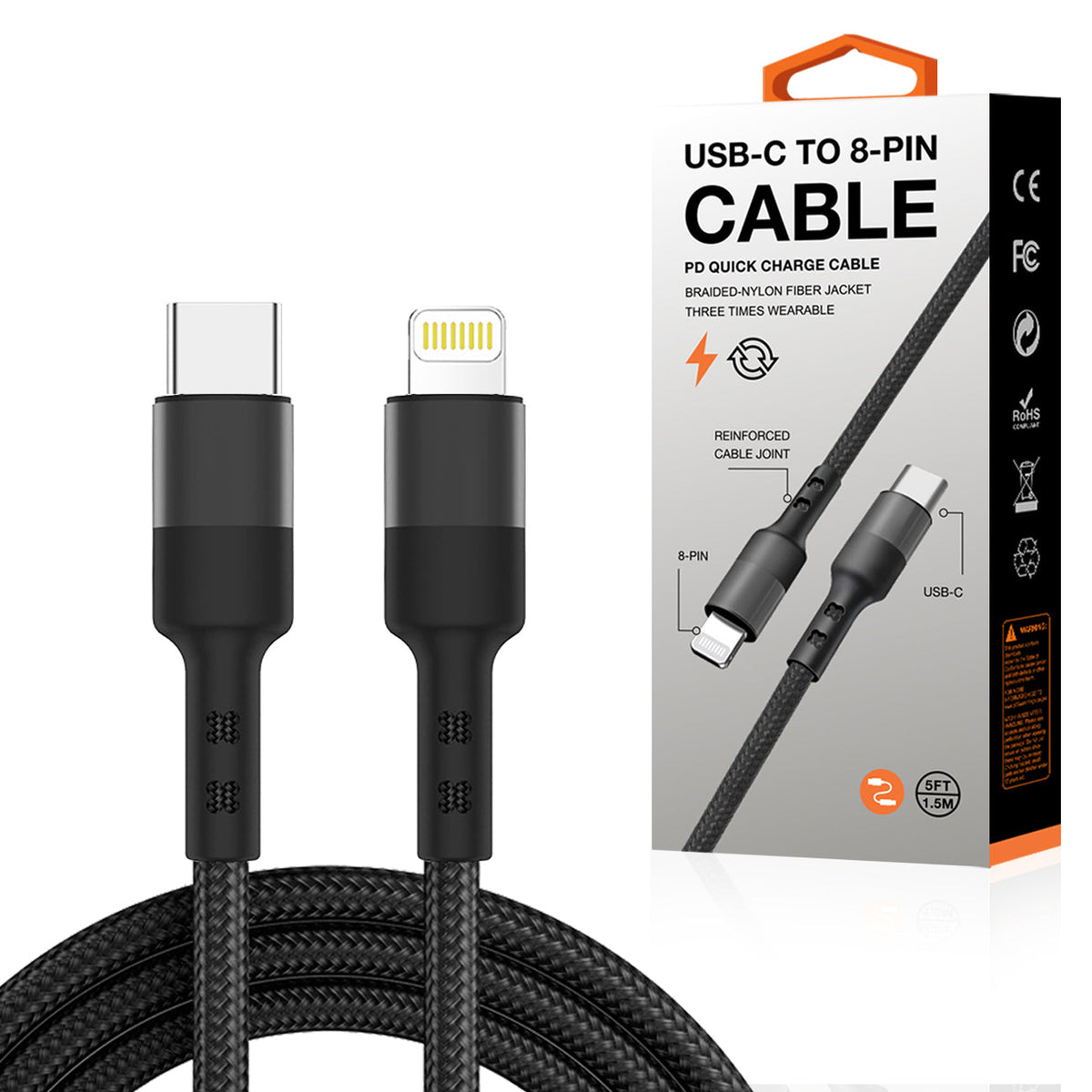 Power Delivery USB-C to 8-PIN Fast Charging & Sync Nylon-Braided 5FT Cable In Black - Crystal Clear & Reliable