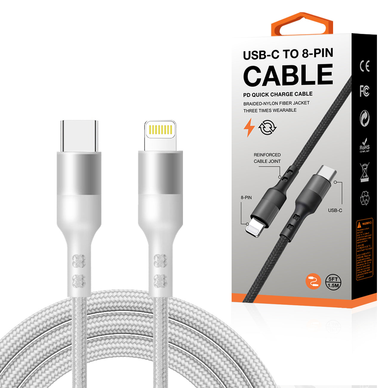 Power Delivery USB-C to 8-PIN Fast Charging & Sync Nylon-Braided 5FT Cable In Silver - Crystal Clear & Reliable